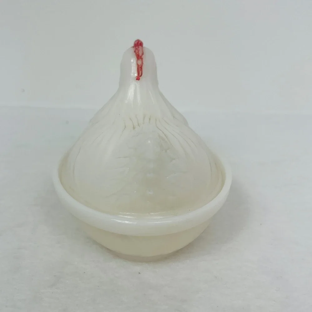 Vintage Milk Glass Hen on Nest Trinket Dish White Red Farmhouse Decor Good